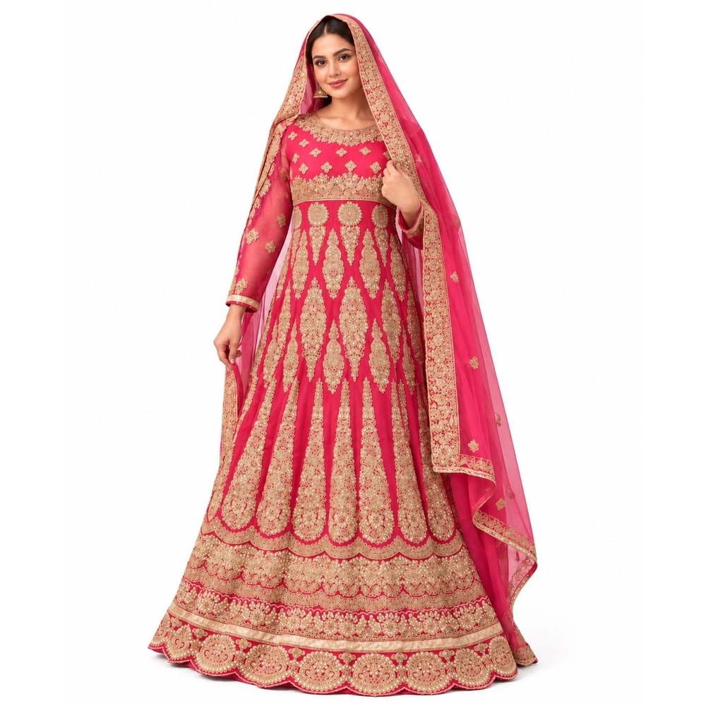 Pink & Gold Heavily Embellished Anarkali Dress Dupatta Scarf Estimated Medium